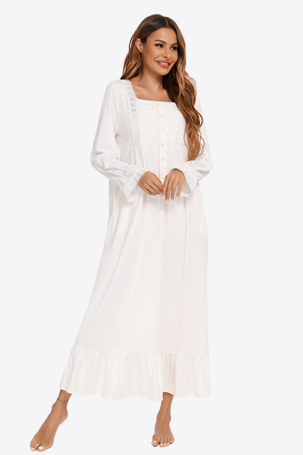 Contrast Lace Trim Ruffle Hem Square Neck Night Dress - Minihomy