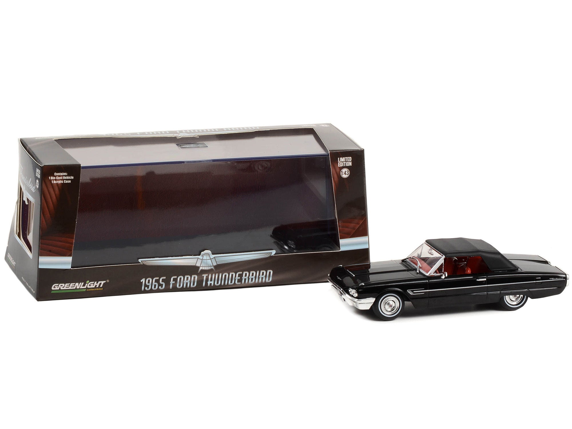 1965 Ford Thunderbird Convertible (Top-Up) Raven Black with Red Interior 1/43 Diecast Model Car by Greenlight - Minihomy