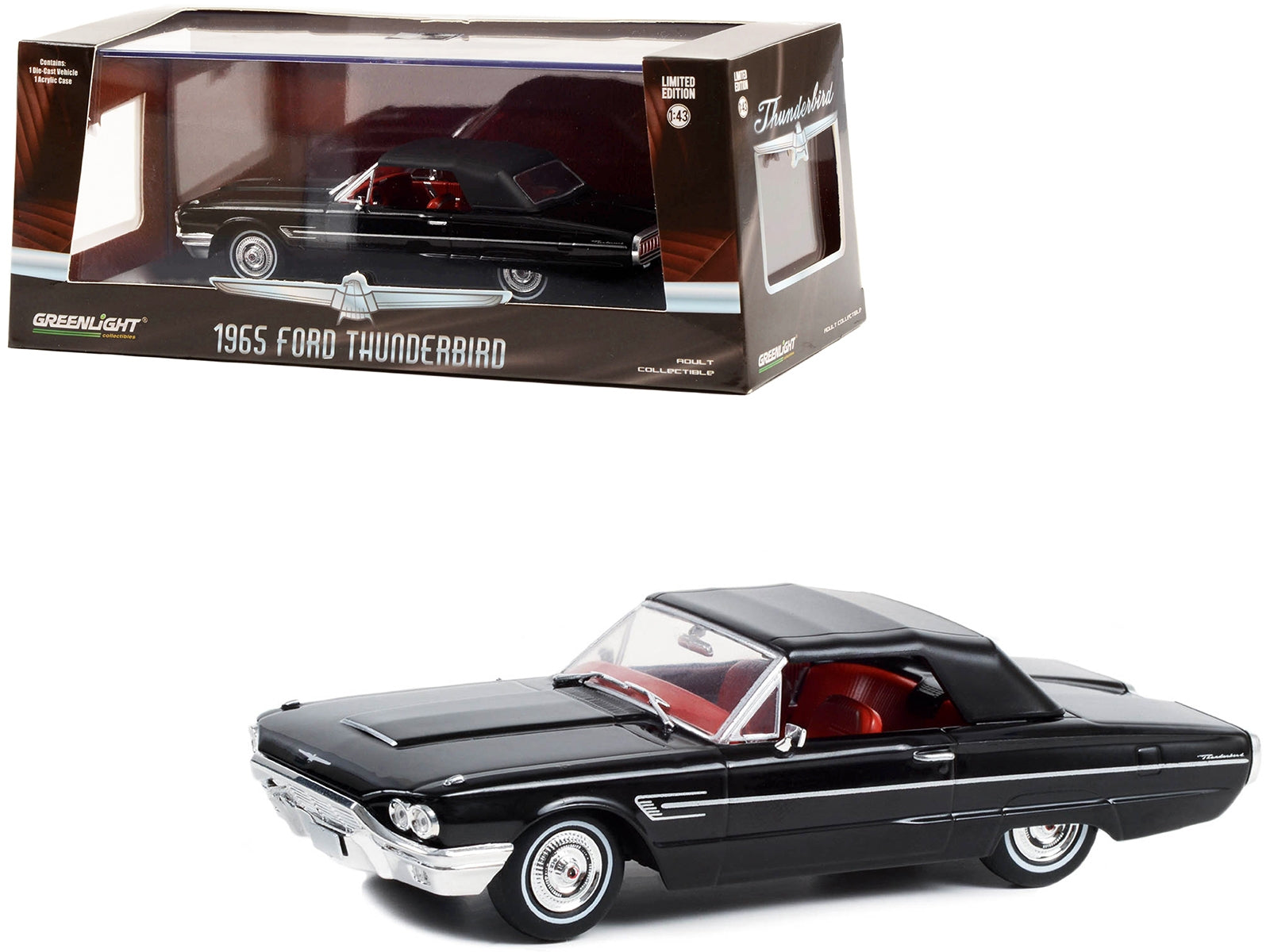 1965 Ford Thunderbird Convertible (Top-Up) Raven Black with Red Interior 1/43 Diecast Model Car by Greenlight - Minihomy