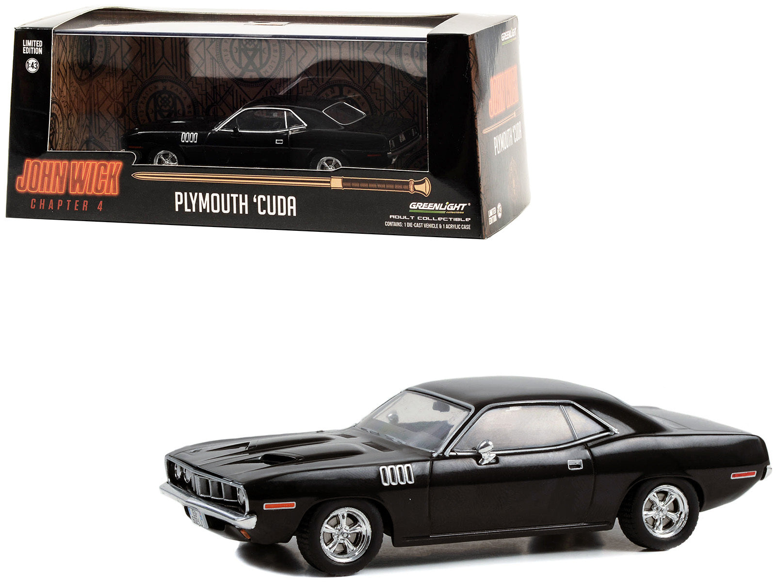 1971 Plymouth Barracuda Black "John Wick: Chapter 4" (2023) Movie "Hollywood" Series 1/43 Diecast Model Car by Greenlight - Minihomy