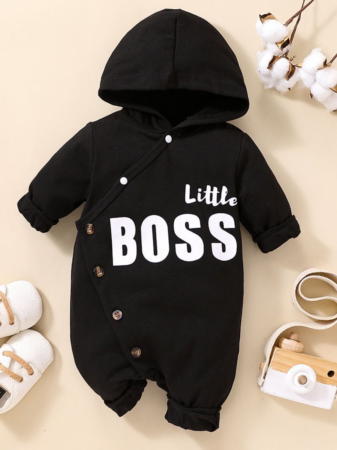 Baby LITTLE BOSS Graphic Hooded Jumpsuit - Minihomy