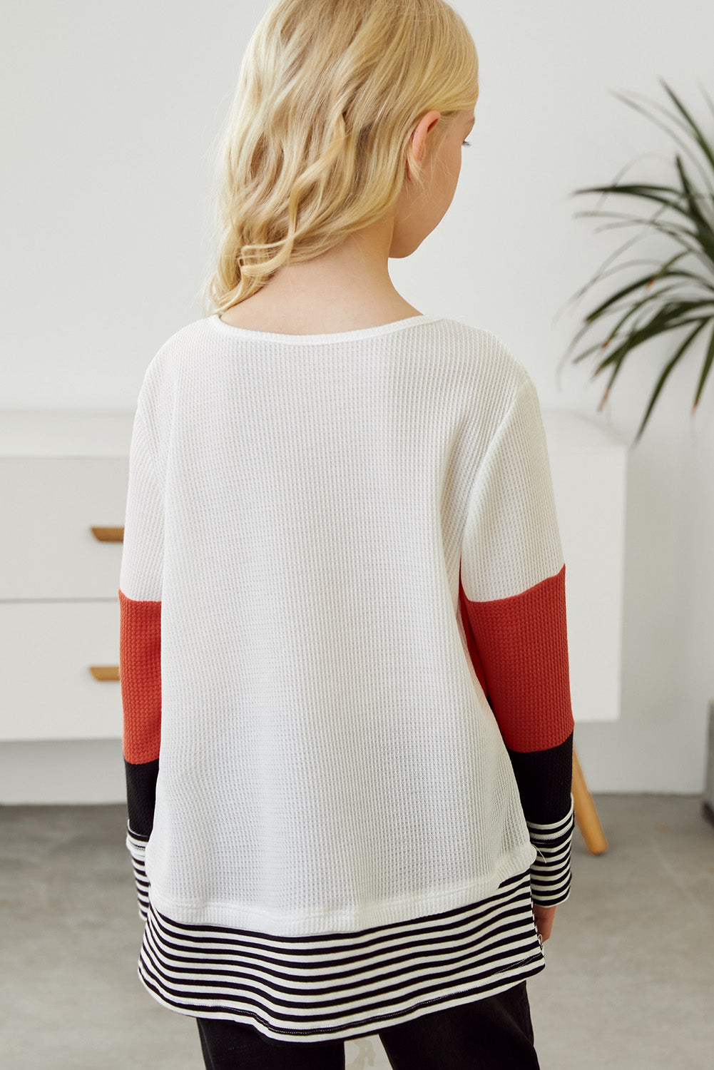 Kids Striped Color Block Waffle-Knit Long Sleeve Top - Minihomy