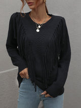 Fringe Detail Ribbed Trim Sweater - Minihomy