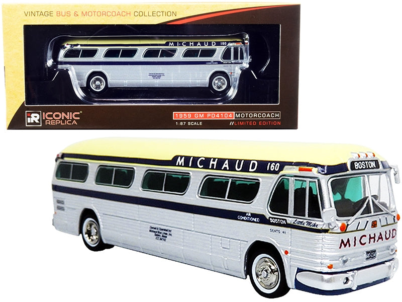 1959 GM PD4104 Motorcoach Bus "Boston" "Michaud Lines" Silver and Cream with Dark Blue Stripes "Vintage Bus & Motorcoach Collection" 1/87 (HO) Diecast Model by Iconic Replicas - Minihomy