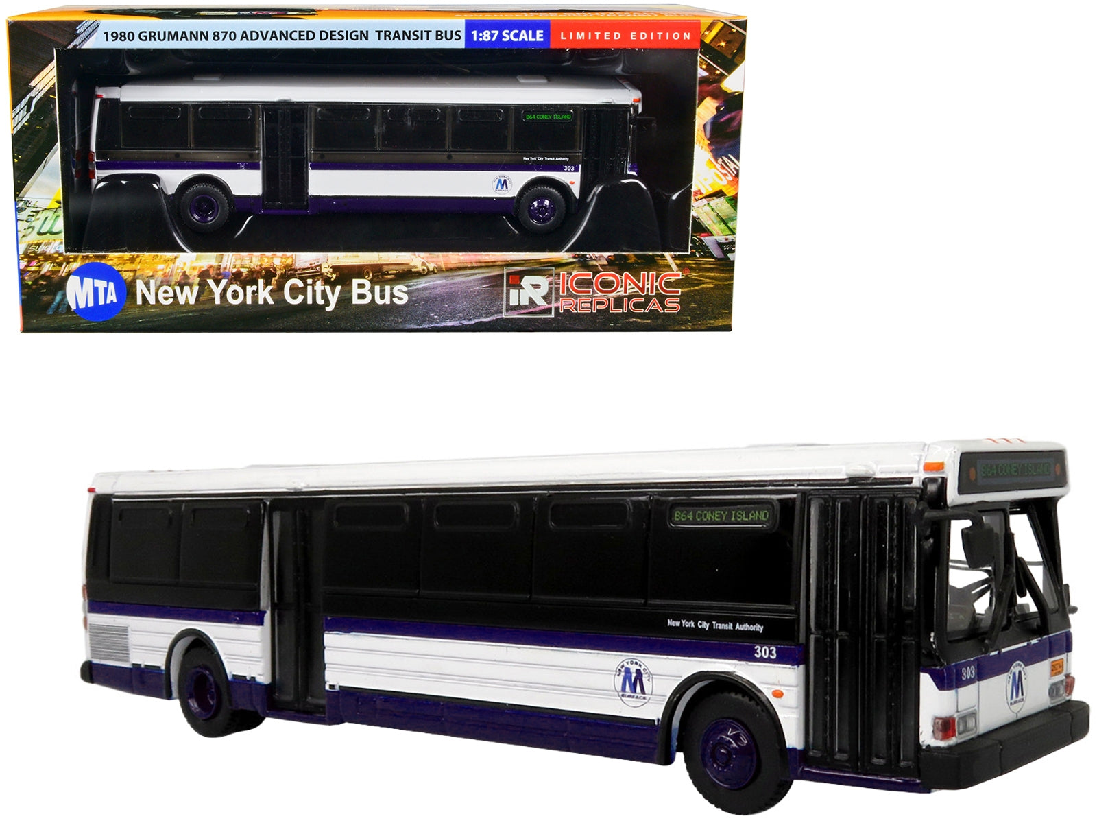 Iconic Replicas 1/87 Diecast Model: 1980 Grumman 870 Advanced Design Transit Bus MTA NYC "B64 Coney Island" "Vintage Bus & Motorcoach Collection"