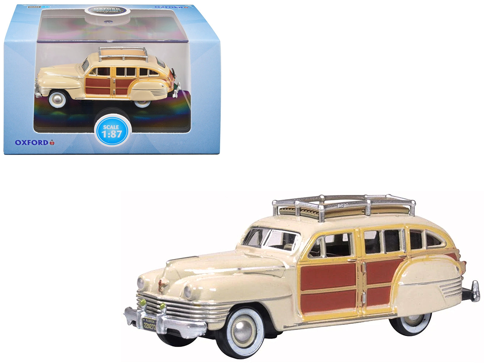 1942 Chrysler Town & Country Woody Wagon Catalina Tan with Wood Panels and Roof Rack 1/87 (HO) Scale Diecast Model Car by Oxford Diecast - Minihomy