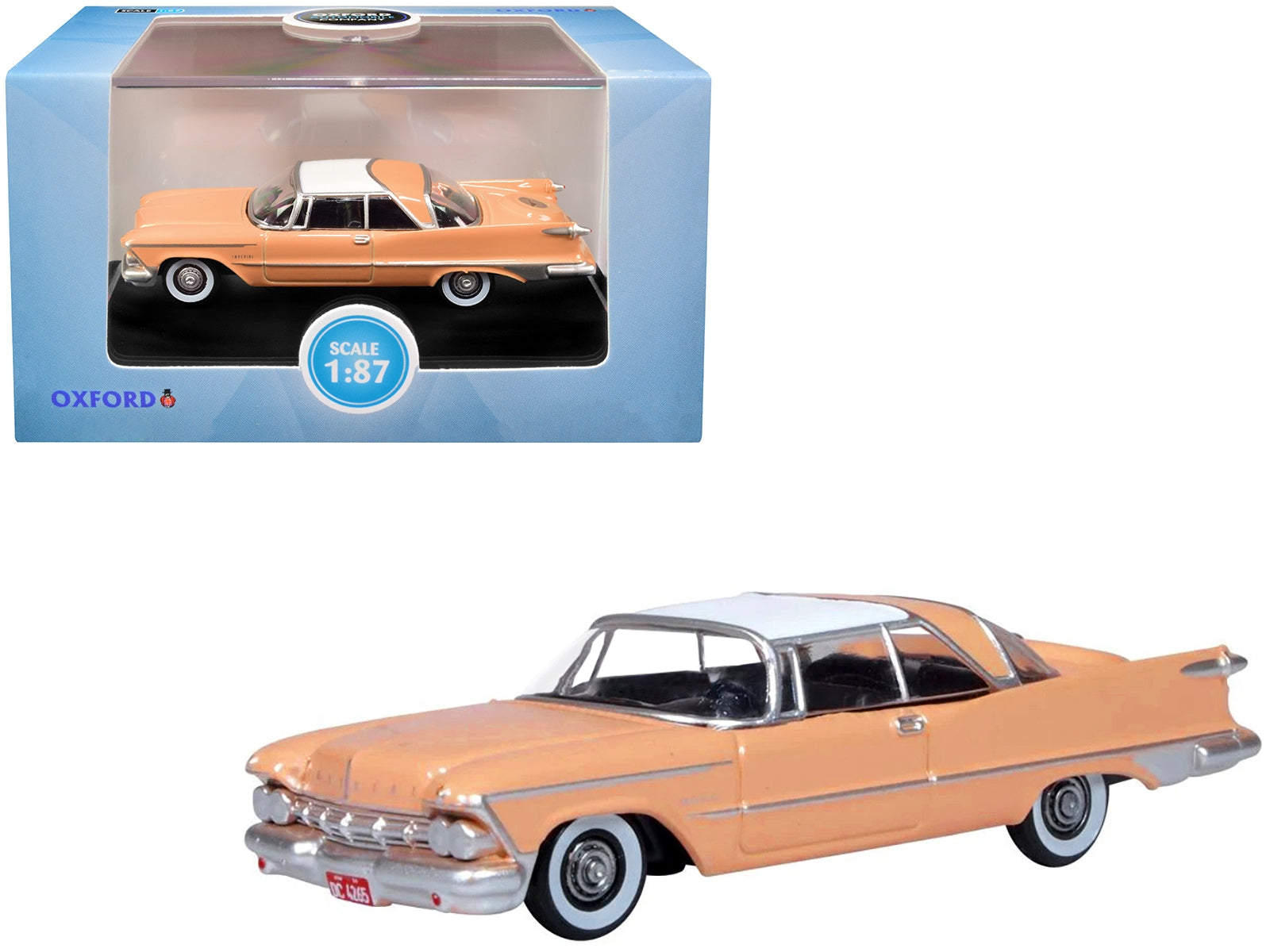 1959 Chrysler Imperial Crown 2 Door Hardtop Persian Pink with White Top 1/87 (HO) Scale Diecast Model Car by Oxford Diecast - Minihomy