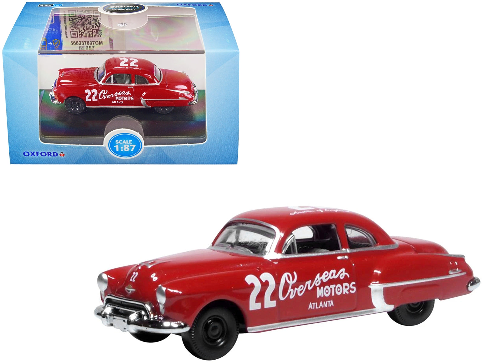 1949 Oldsmobile Rocket 88 Coupe #22 "Overseas Motors Atlanta" Red 1/87 (HO) Scale Diecast Model Car by Oxford Diecast - Minihomy