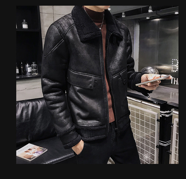 Men Faux Leather Jacket Warm Velvet Collar Outwear - Minihomy