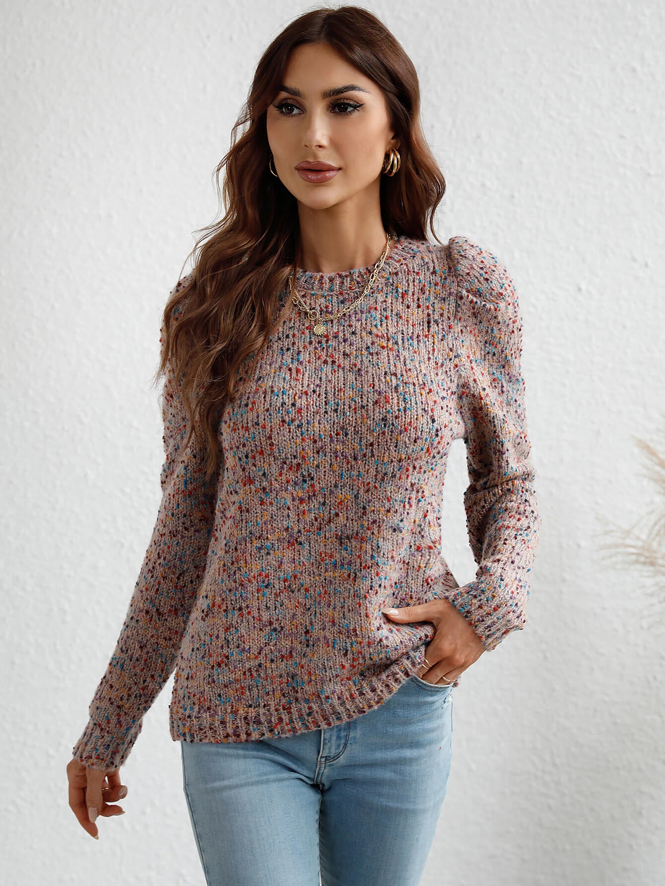 Multicolored Puff Sleeve Ribbed Trim Sweater - Minihomy