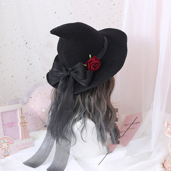 Lolita Halloween Retro Witch Hat Masquerade Rose Big Bow Wizard Hat Gothic Magical Girl Hat Cosplay Accessories Party Decor