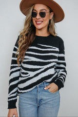 Animal Print Button Detail Crewneck Sweater