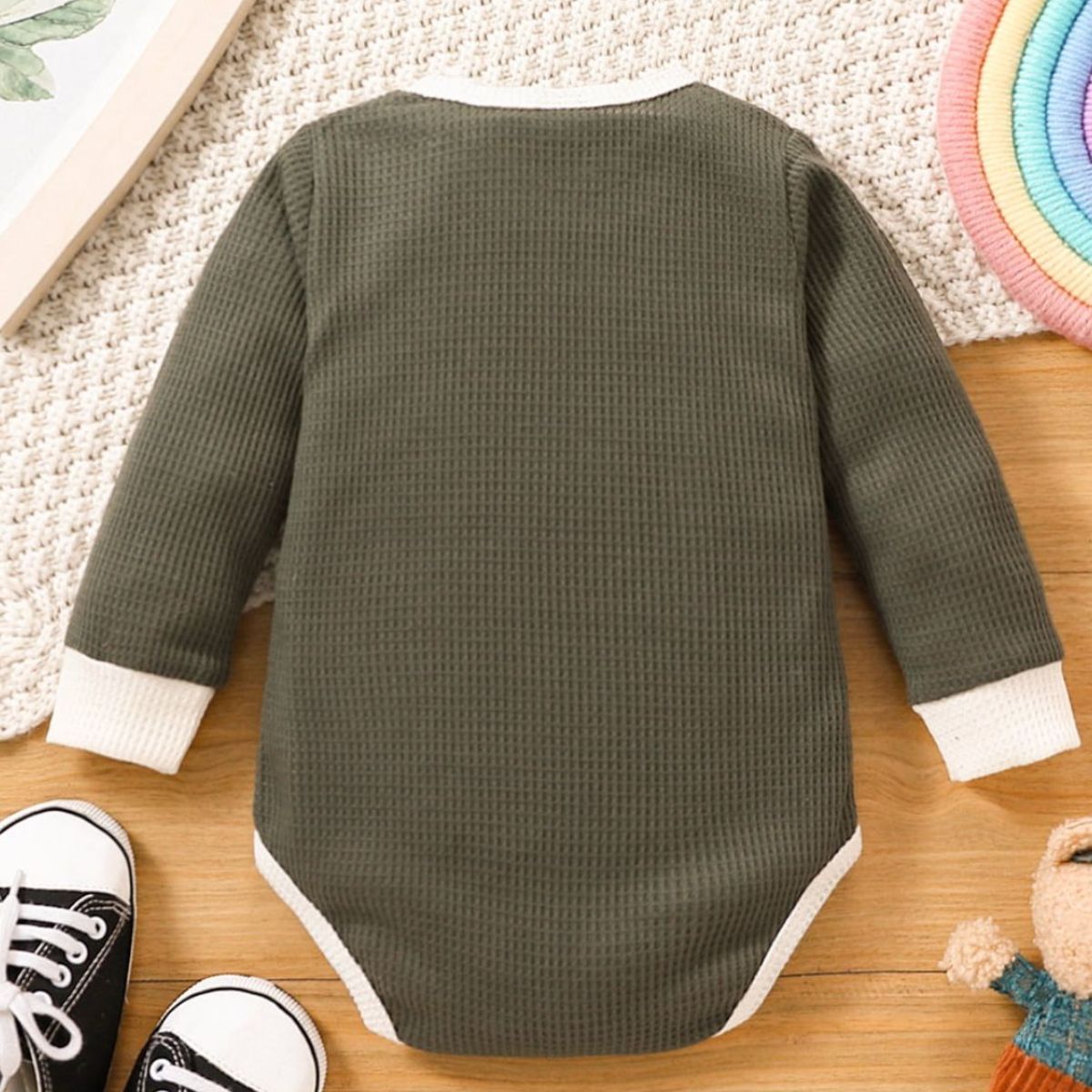 Baby Contrast Trim Waffle-Knit Long Sleeve Bodysuit - Minihomy