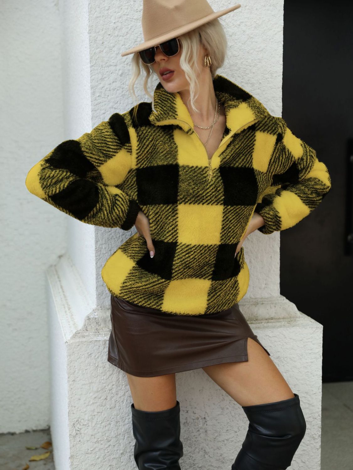 Plaid Quarter Zip Plush Sweatshirt