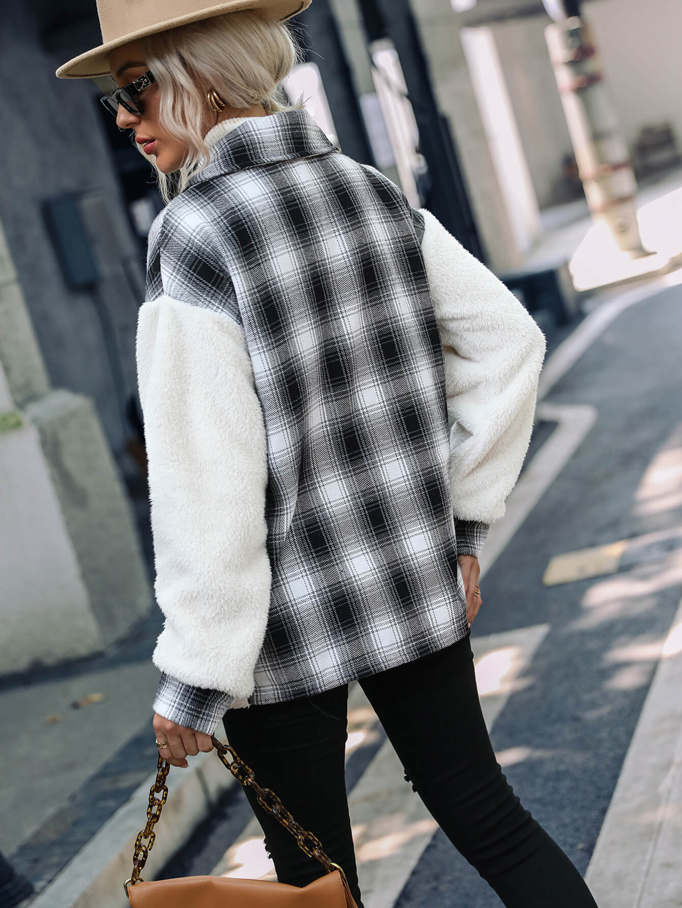 Plaid Button Front Spliced Teddy Jacket