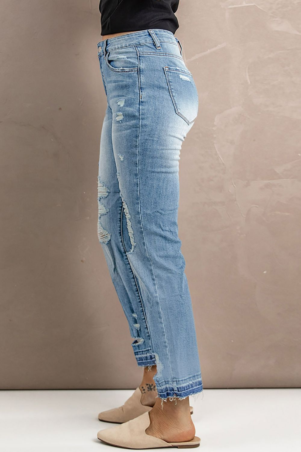 Straight Leg Distressed High Waist Jeans - Minihomy