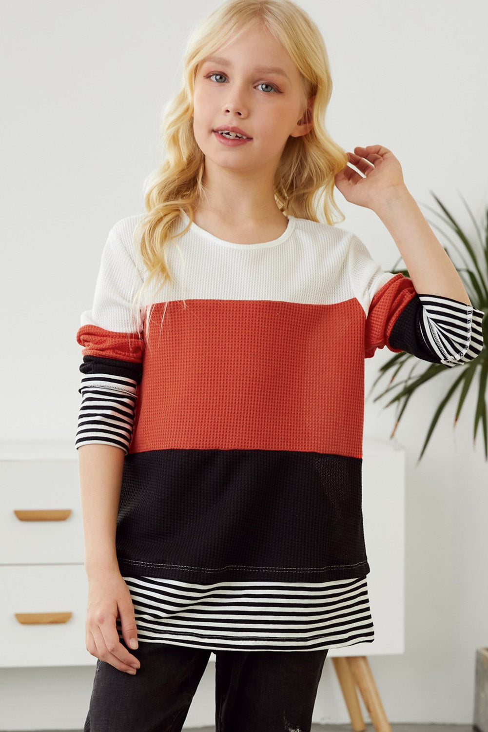 Kids Striped Color Block Waffle-Knit Long Sleeve Top - Minihomy