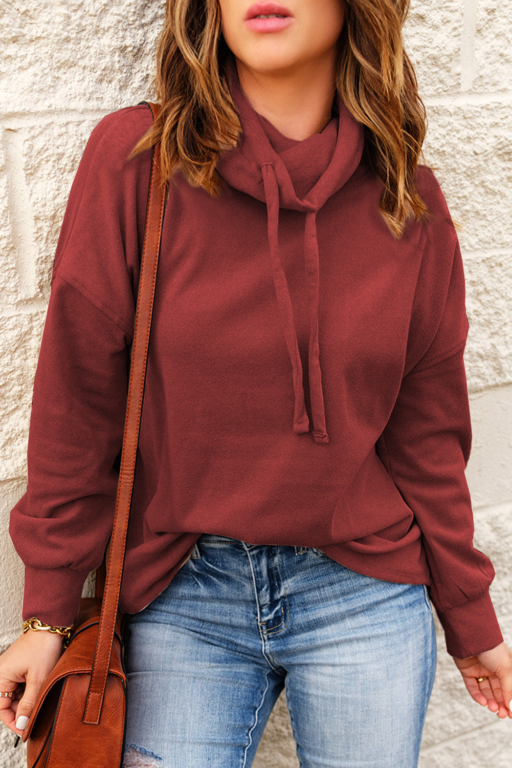 Drawstring Funnel Neck Dropped Shoulder Sweatshirt - Minihomy