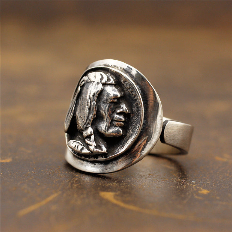 Handmade S925 Sterling Silver Thai Silver Vintage Wandering Coin Indian Chief Ring