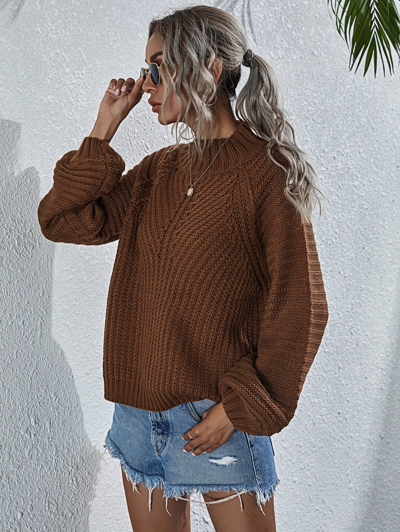 Openwork Chunky Knit Lantern Sleeve Sweater