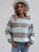 Striped Raglan Sleeve Ribbed Trim Knit Top - Minihomy