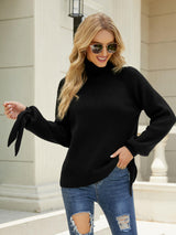 Tie-Cuff Raglan Sleeve Turtleneck Sweater