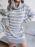 Stripped Ribbed Trim Long Sleeve Mini Sweater Dress (Belt Not Included)