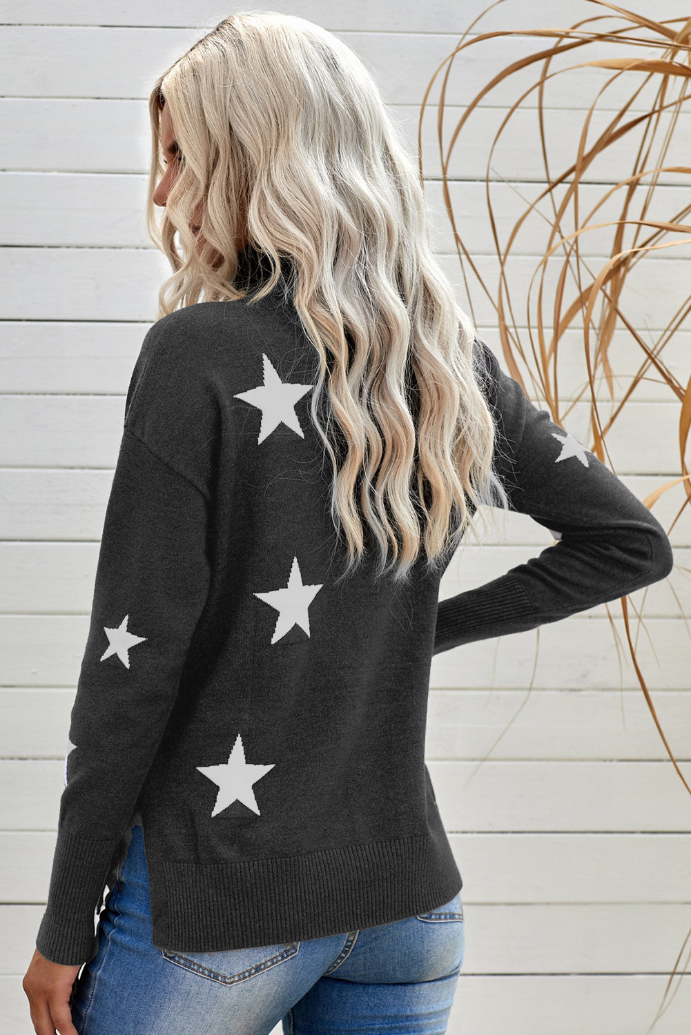 Star Pattern Turtleneck Dropped Shoulder Sweater