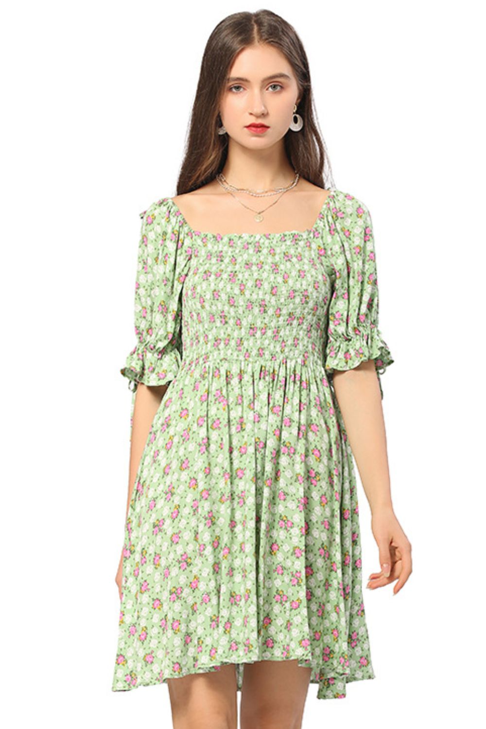 Floral Flounce Sleeve Square Neck Dress - Minihomy