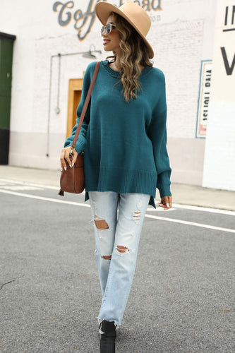 High-Low Slit Ribbed Trim Knit Pullover