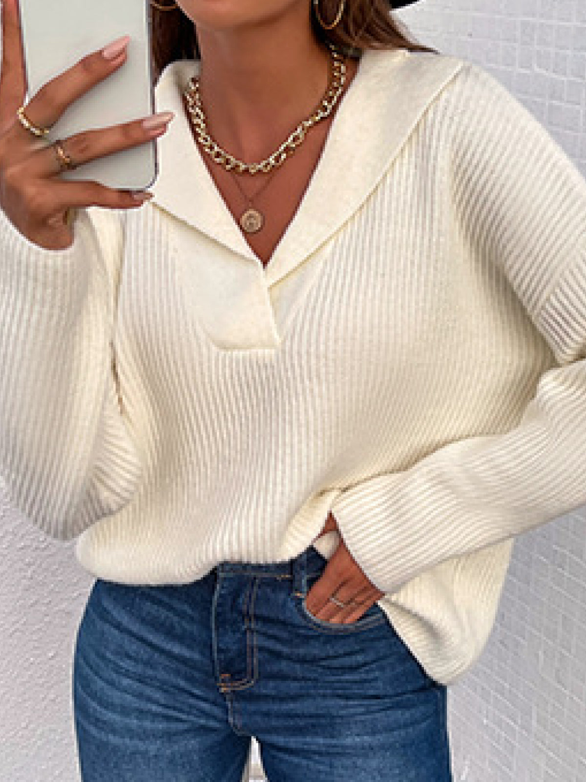 Shawl Collar Rib-Knit Sweater