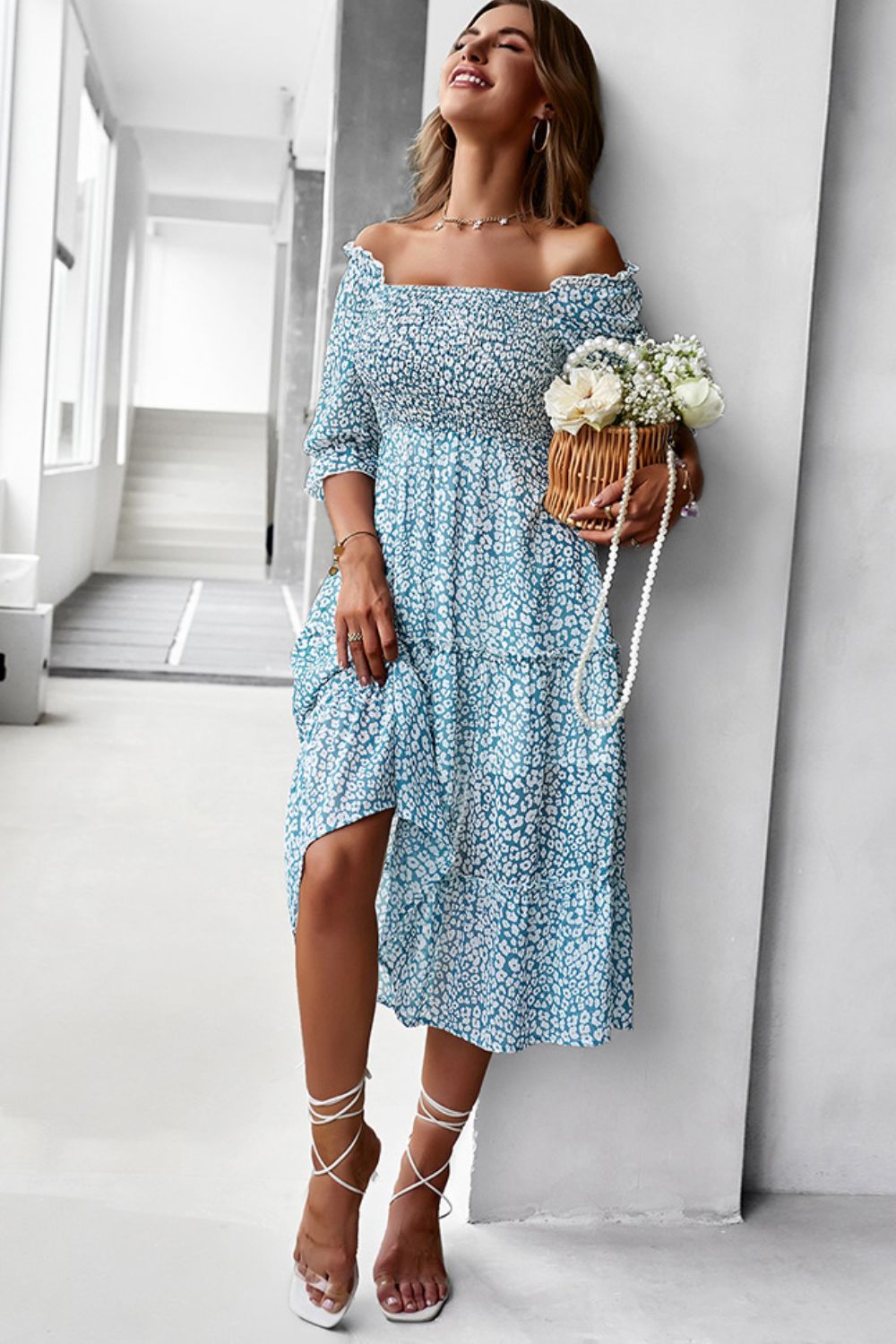 Ditsy Floral Off-Shoulder Smocked Midi Dress - Minihomy