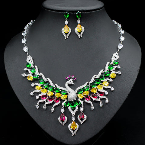 Ethnic Style Zircon Peacock Earring Set Tassel Colorful Clavicle Necklace Jewelry Set
