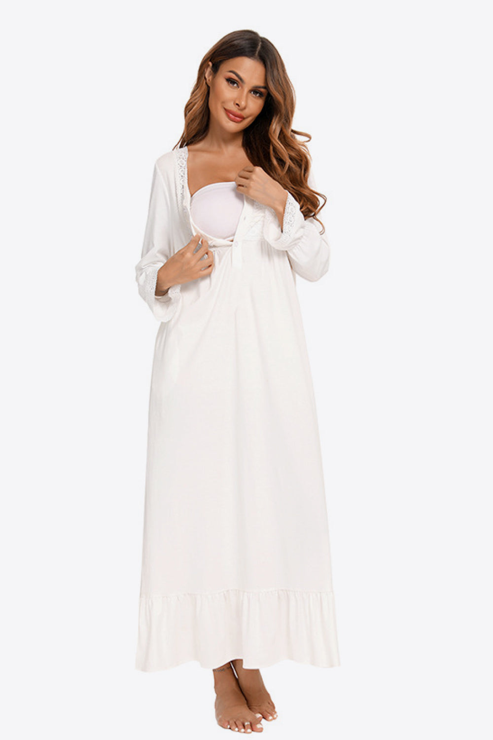 Contrast Lace Trim Ruffle Hem Square Neck Night Dress - Minihomy