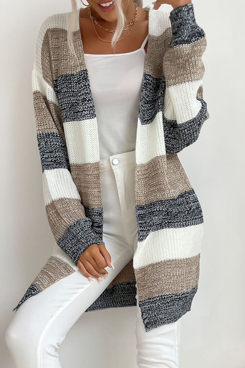 Striped Long Sleeve Duster Cardigan - Minihomy