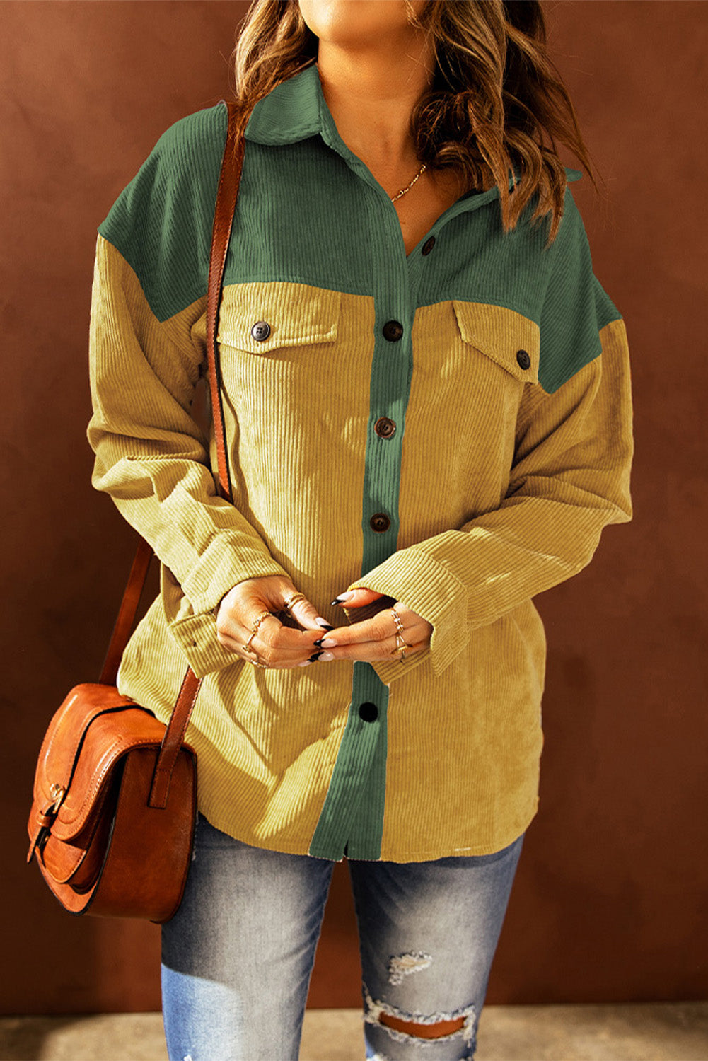 Color Block Button Front Corduroy Shirt Jacket