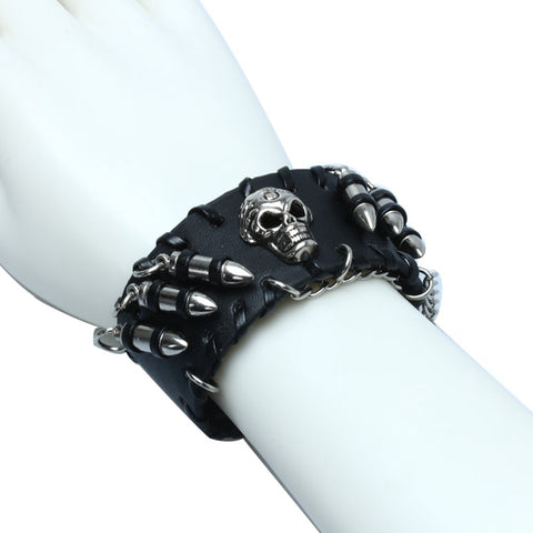 Men's Black PU Leather Bullet Wristband Adjustable Skull Metal Chain Bracelet Punk Biker Rock Gothic
