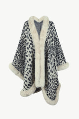 Animal Print Faux Fur Trim Poncho Jacket