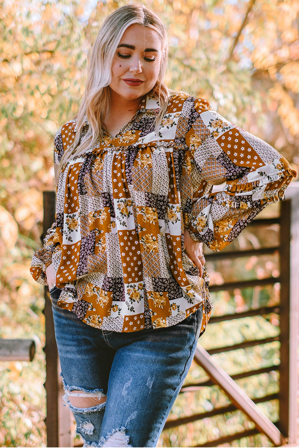 Plus Size Patchwork Balloon Sleeve Blouse - Minihomy