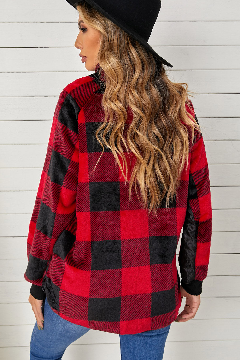 Plaid Raglan Sleeve Curved Hem Sweatshirt - Minihomy