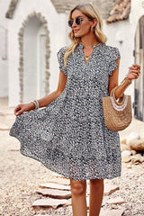 Floral Flutter Sleeve Notched Neck Tiered Dress - Minihomy