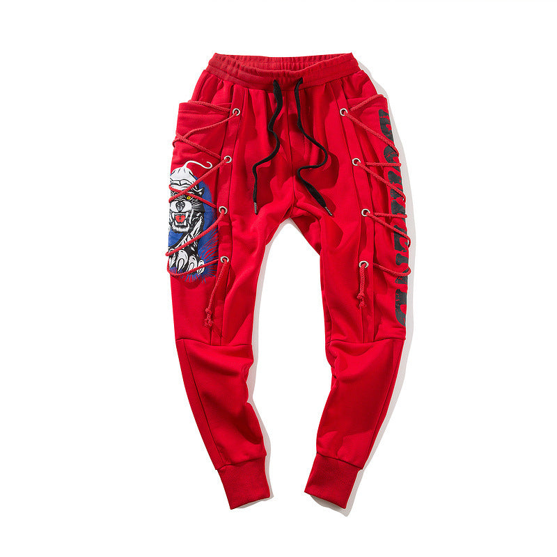 Men's high street hip hop print wearing rope harem feet pants - Minihomy