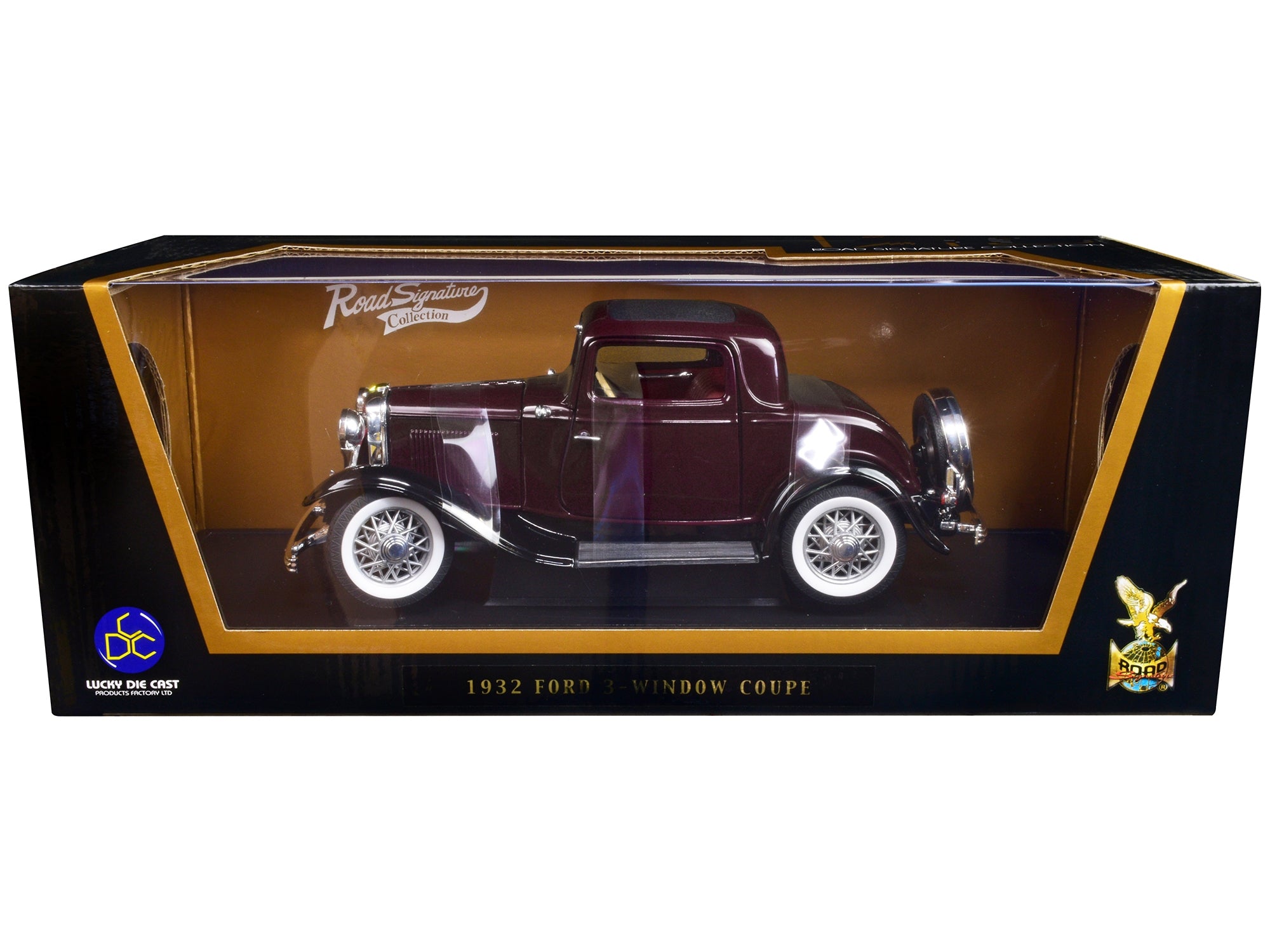 1932 Ford 3-Window Coupe Burgundy with Black Top 1/18 Diecast Model Car by Road Signature - Minihomy