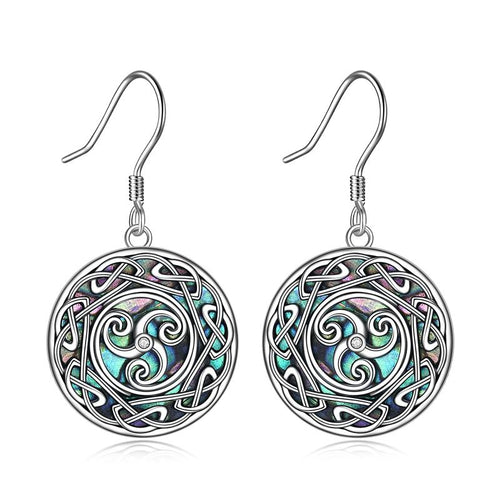 Viking Celtic Triskele Trinity Knot Dangle Earring with Abalone Shell Sterling Silver Good Luck Irish jewelry