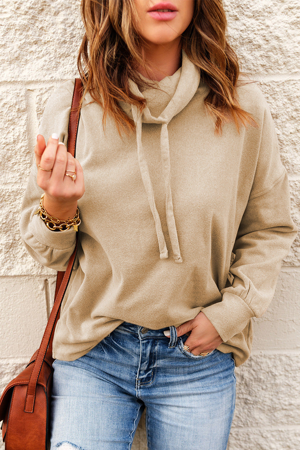 Drawstring Funnel Neck Dropped Shoulder Sweatshirt - Minihomy