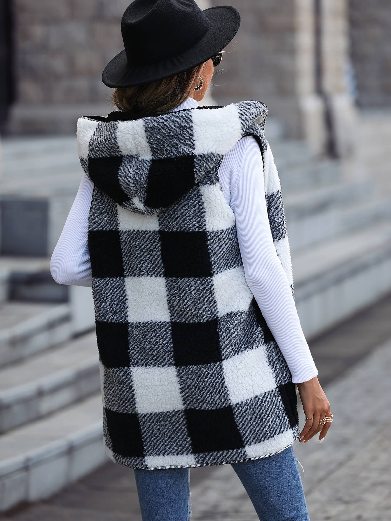 Plaid Open Front Hooded Fleece Vest