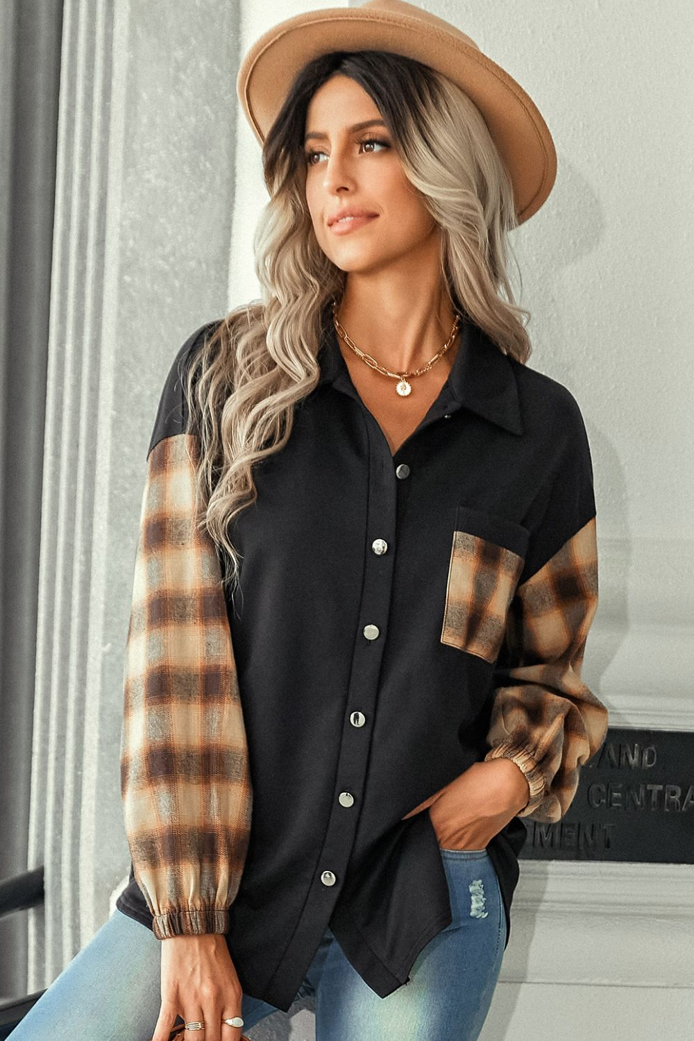 Plaid Dropped Shoulder Shirt with Breast Pocket - Minihomy