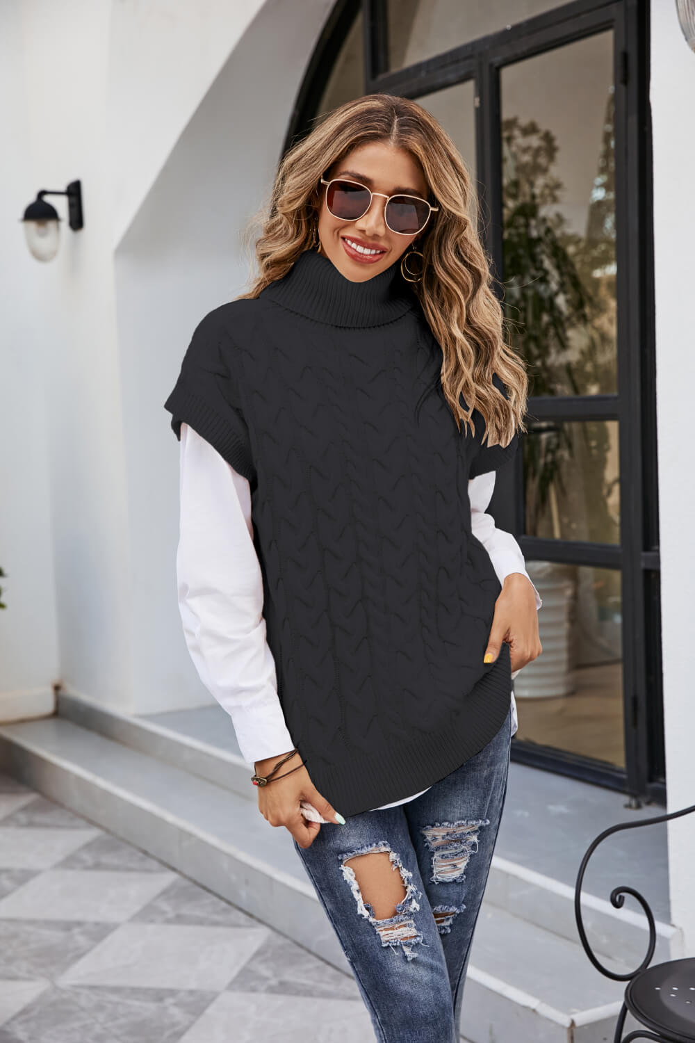 Mixed Knit Short Sleeve Turtleneck Sweater