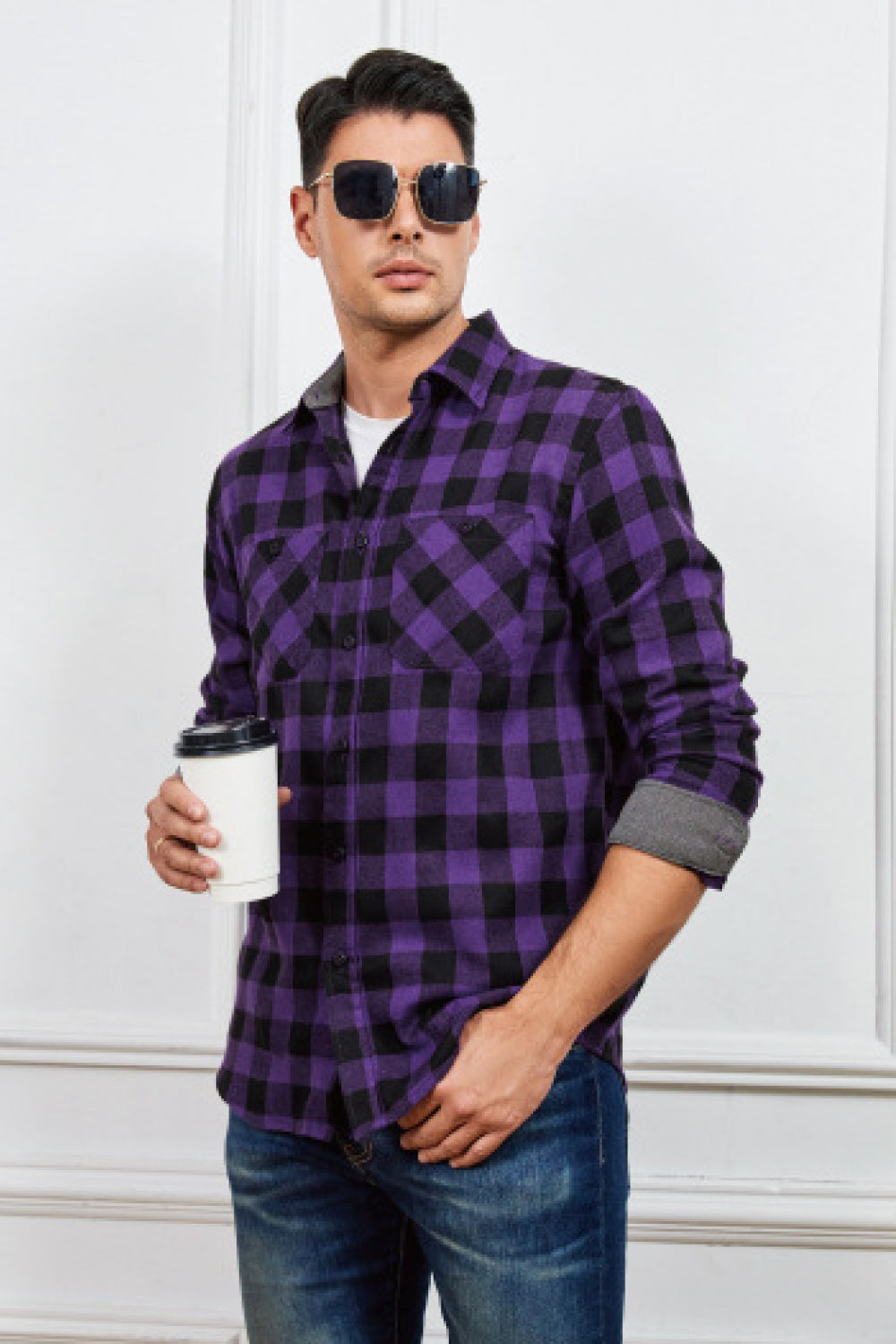 Plaid Buttoned Long-Sleeve Shirt with Breast Pockets - Minihomy