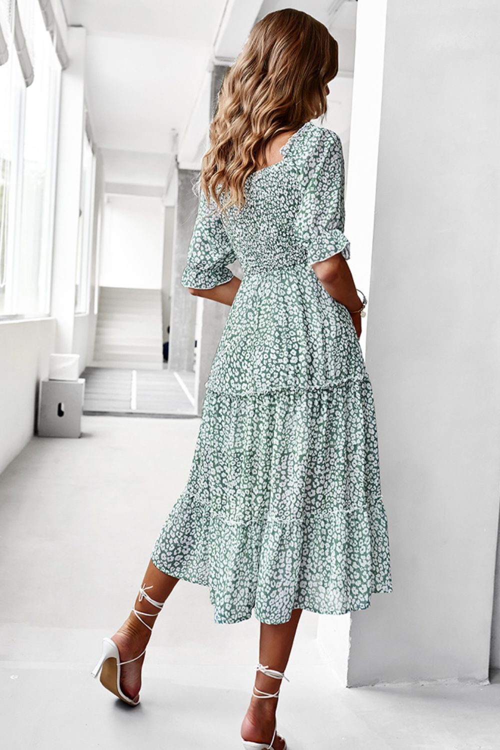 Ditsy Floral Off-Shoulder Smocked Midi Dress - Minihomy